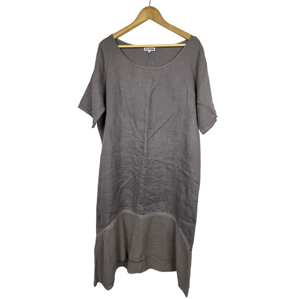 100% Lin Blanc Women's Size 46 Grayish Taupe Linen‎ Shift Midi Dress Lagenlook L